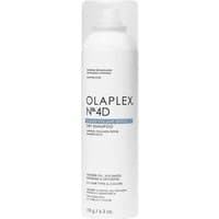 White Olaplex N 4D Clean Volume Detox Dry Shampoo bottle, 250 ml, with black and blue text on a sleek cylindrical design.